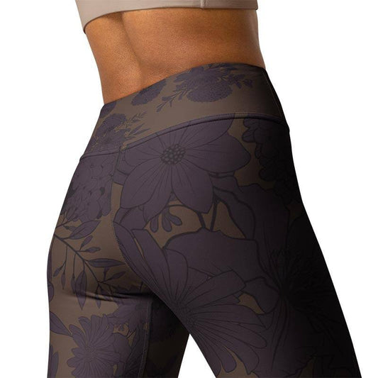 comfortable gym leggings for women with floral pattern in plum and taupe