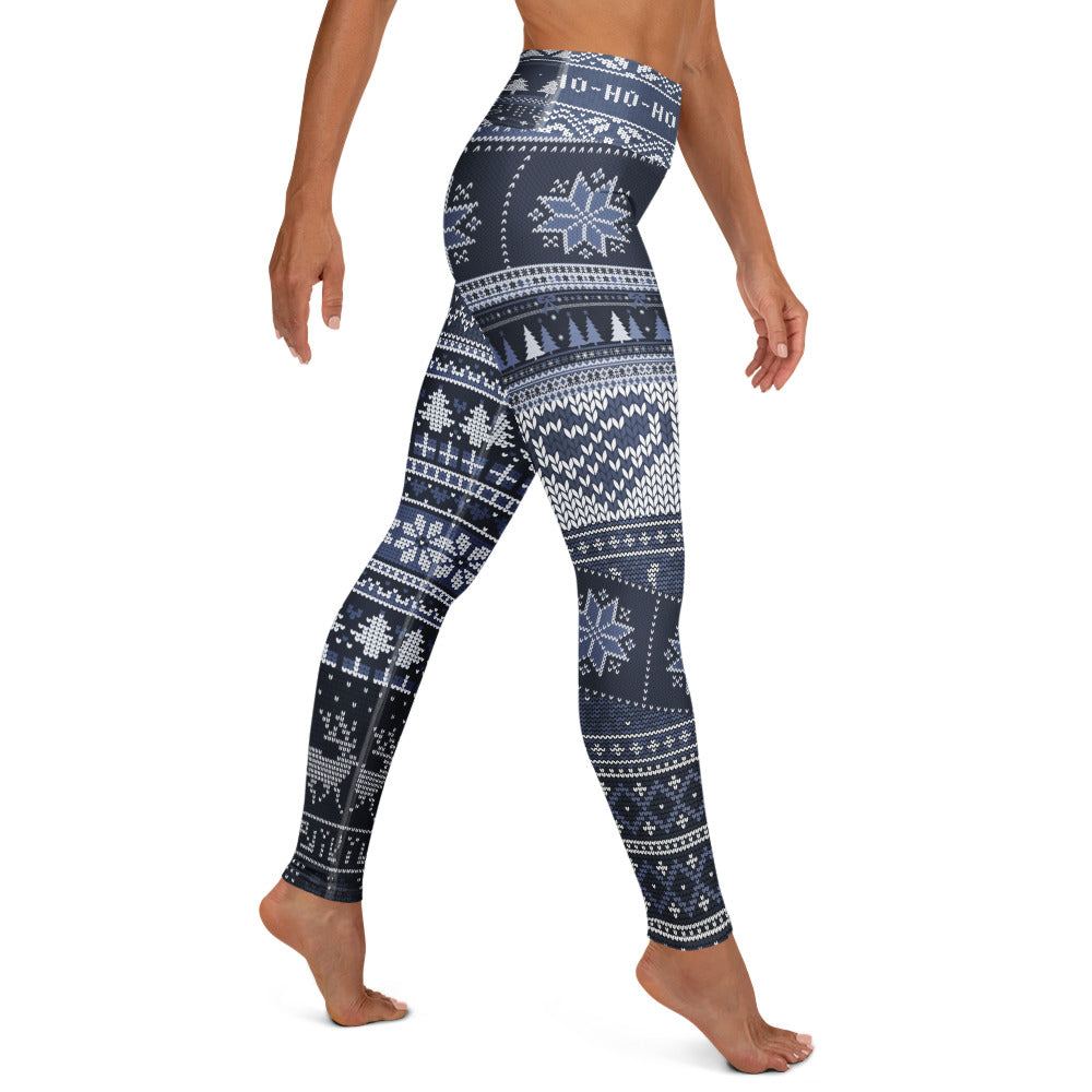 Blue festive holiday leggings with snowflakes and reindeer pattern