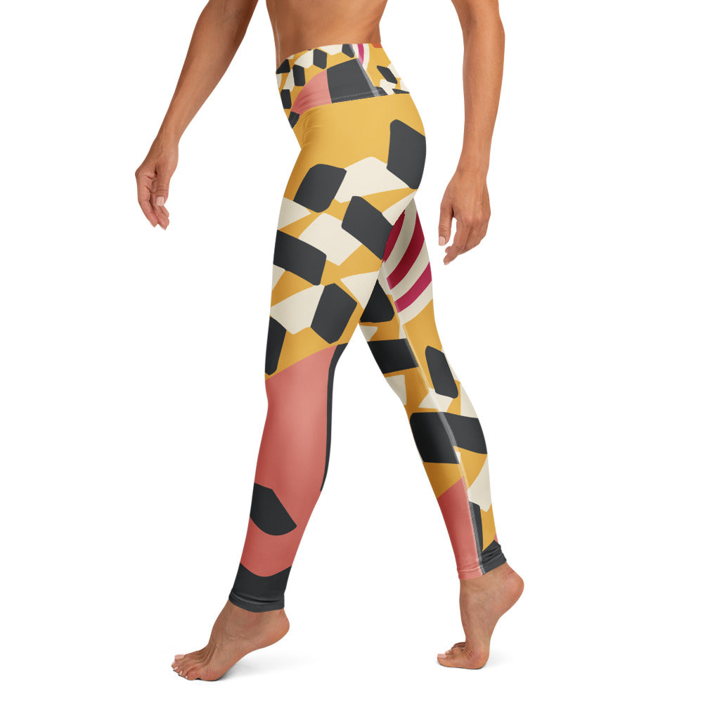 high-waisted vintage leggings with bold geometric sunset design