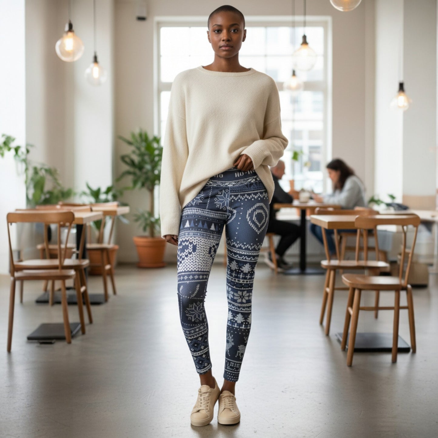 Blue Christmas Leggings for Women featuring Ho Ho Ho print, stylish yoga pants for gym, parties, or lounging. The perfect festive clothing and holiday gift.