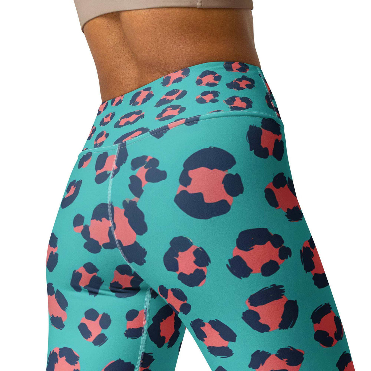 coral wave leopard animal print leggings with teal and coral spots