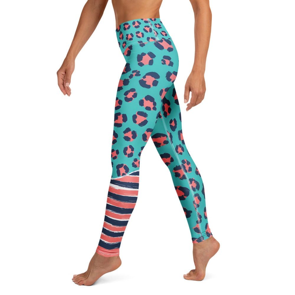 Coral wave leopard animal print leggings with high waist and four-way stretch