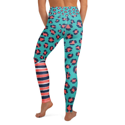 coral wave leopard animal print leggings with teal coral and navy spots