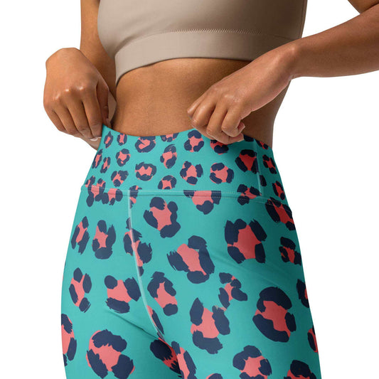 Coral wave leopard animal print leggings with teal and coral spots