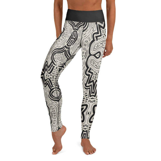 black and cream artistic workout tights with abstract ink design