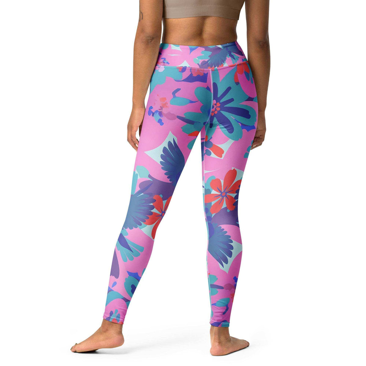 blue bird floral soft leggings with blush blooms and blue silhouettes