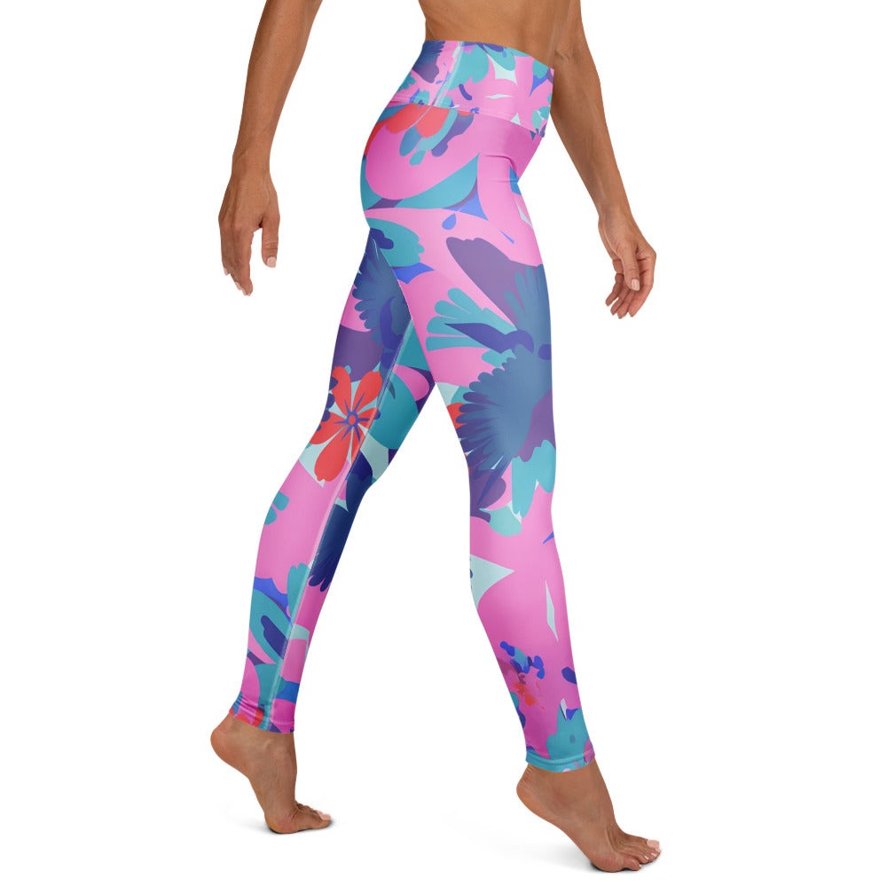blue bird floral soft leggings with high waist