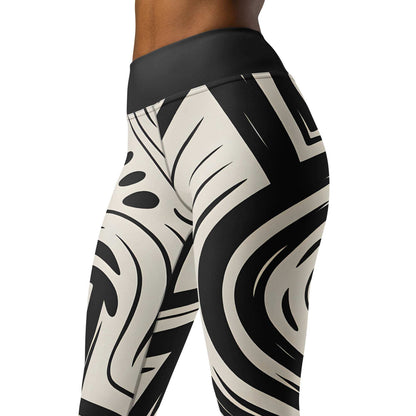 bold graphic leggings with black and cream abstract design and high-rise waistband