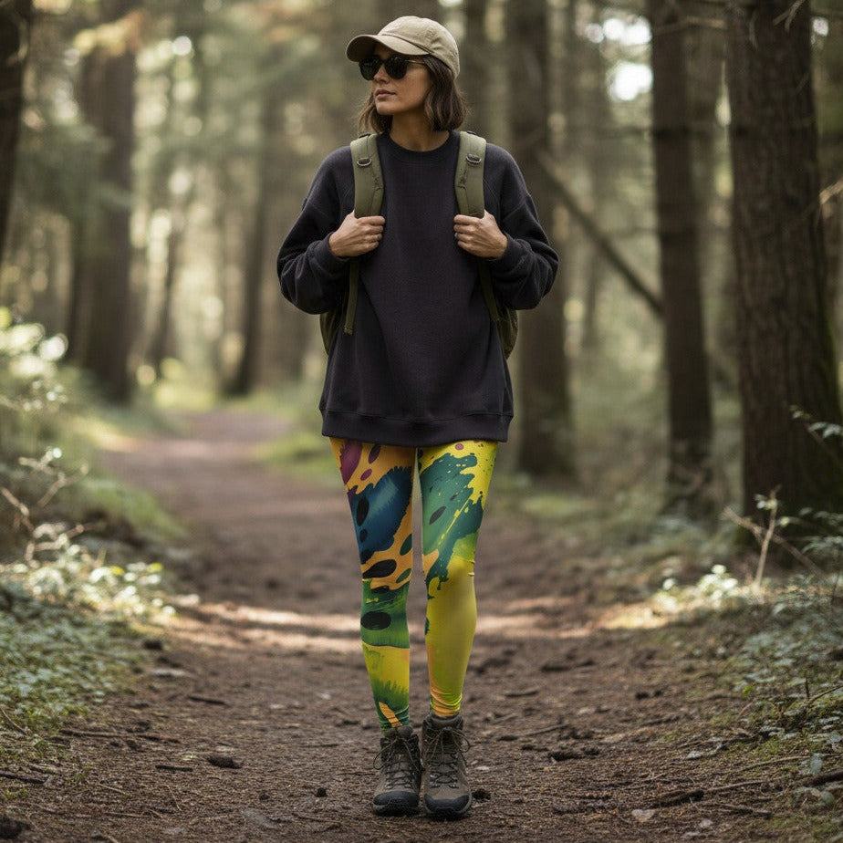 Buttery soft leggings with multicolored abstract paint design and raised waistband