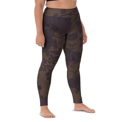 comfortable gym leggings for women with floral pattern in plum and taupe