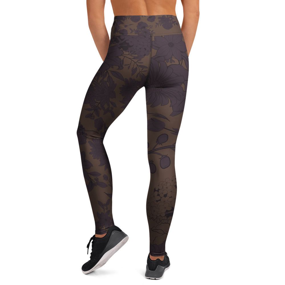 comfortable gym leggings for women with floral pattern in plum and taupe