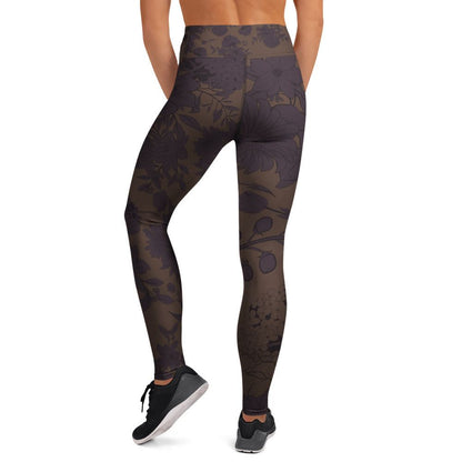 comfortable gym leggings for women with floral pattern in plum and taupe