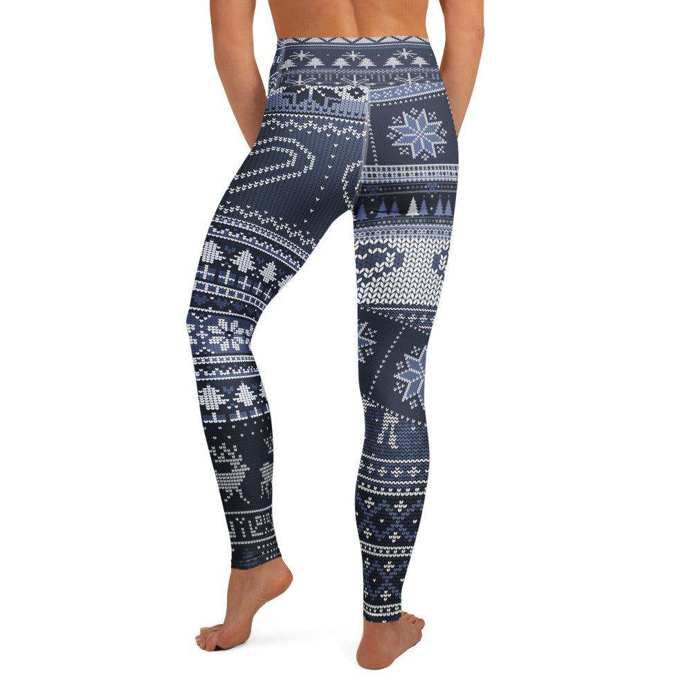 blue festive holiday leggings with snowflakes and reindeer pattern