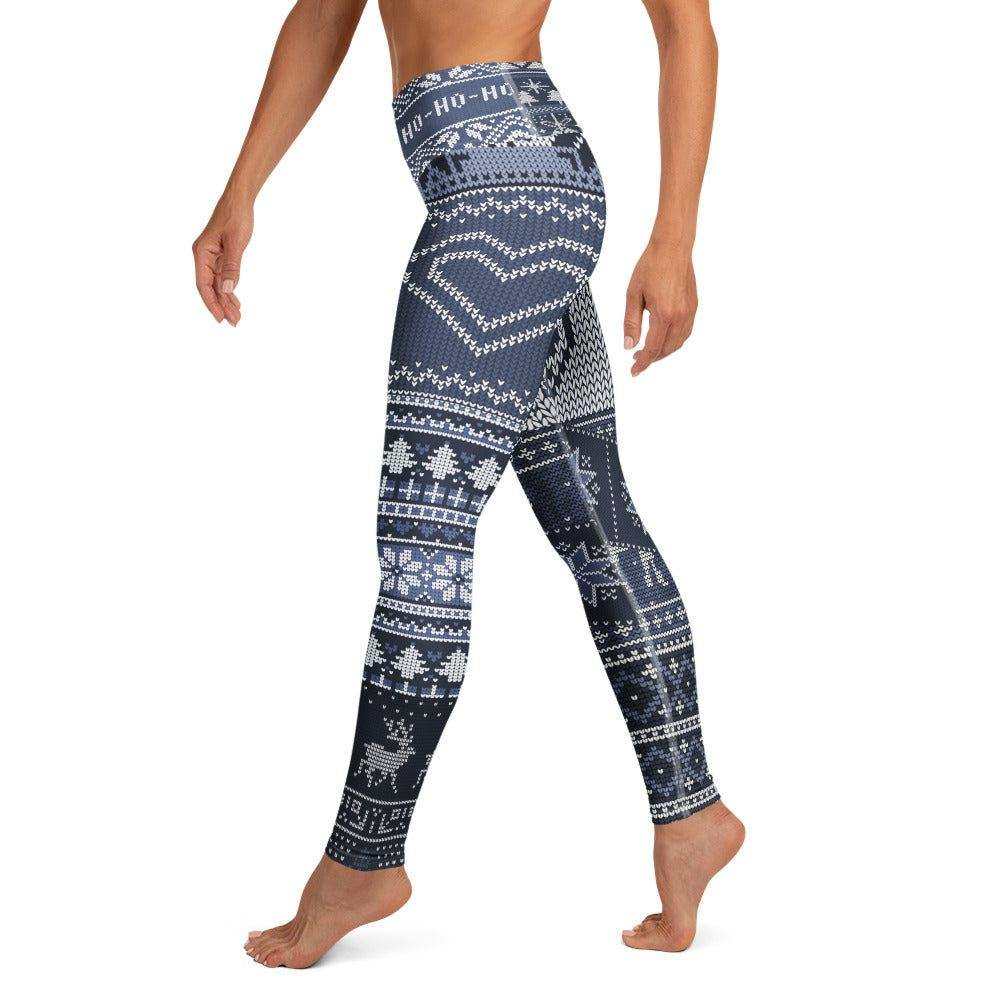 blue festive holiday leggings with snowflakes and reindeer design