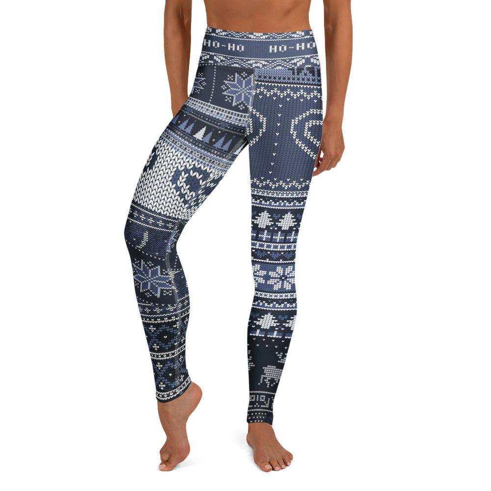 blue festive holiday leggings with snowflakes and reindeer