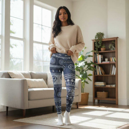 blue festive holiday leggings with Nordic snowflake and reindeer pattern