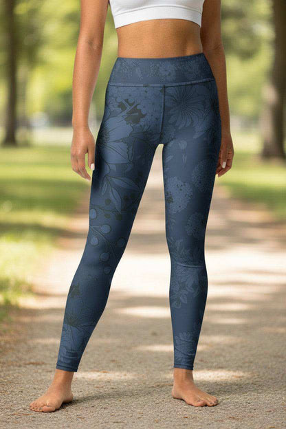 navy blue floral print yoga leggings with botanical design