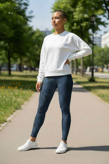 navy blue floral print yoga leggings with botanical blossom design