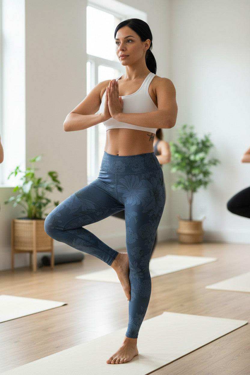 navy blue floral print yoga leggings with botanical blossom design