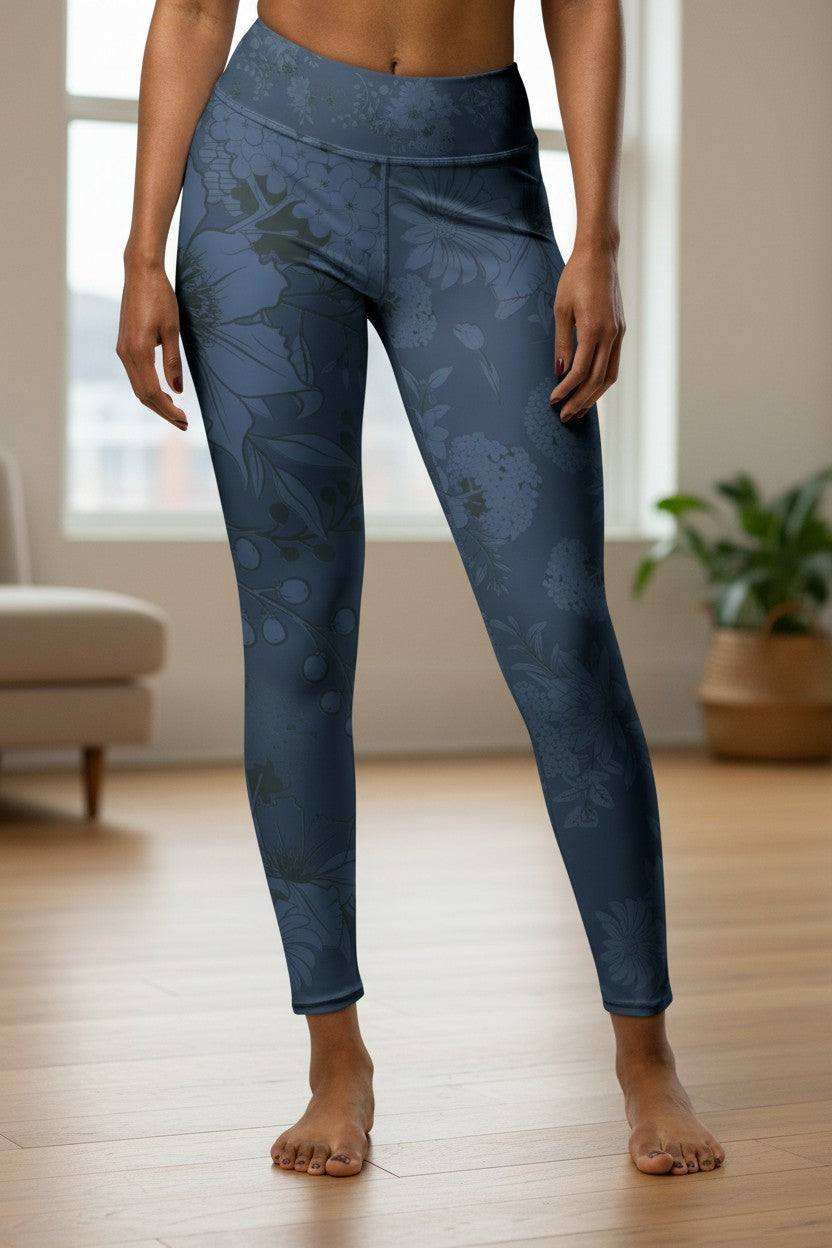 navy blue floral print yoga leggings botanical blossom design