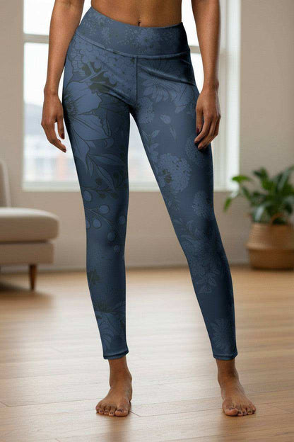 navy blue floral print yoga leggings botanical blossom design