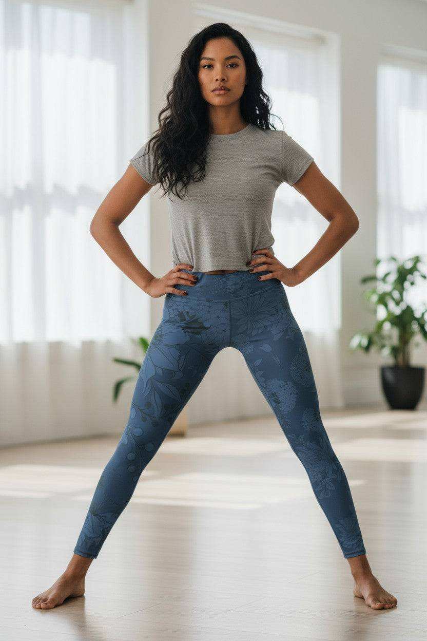 navy blue floral print yoga leggings with botanical blossom design