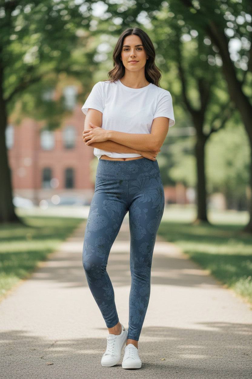 navy blue floral print yoga leggings with botanical design