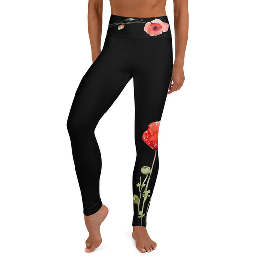Floral yoga leggings with scarlet poppies on deep midnight base