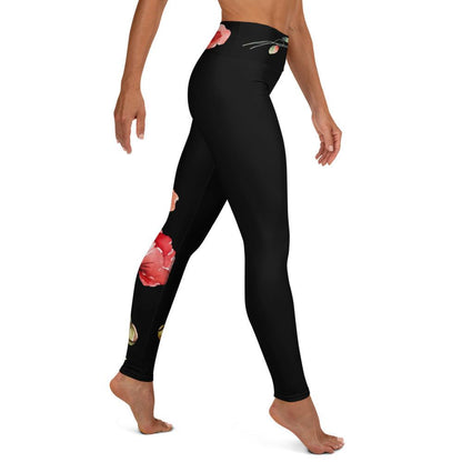 Floral yoga leggings with scarlet poppies on midnight base