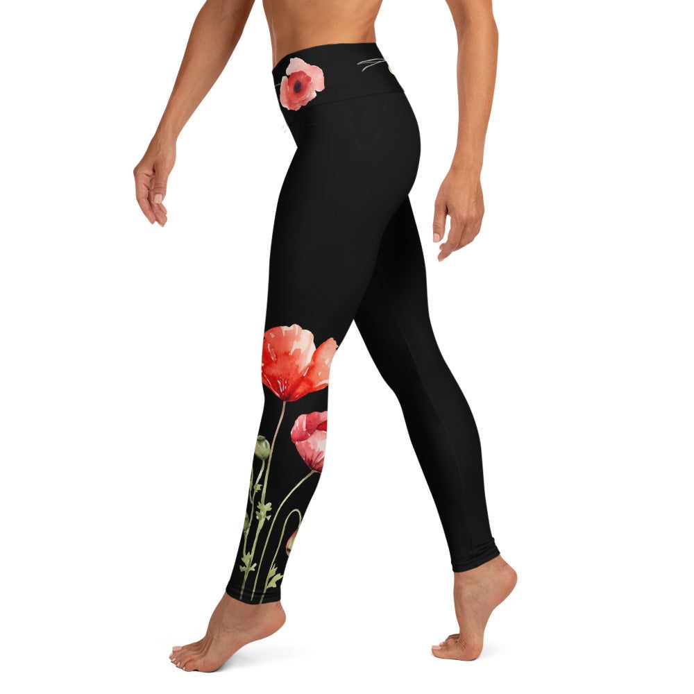 floral yoga leggings with scarlet poppies on midnight base