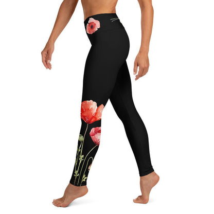floral yoga leggings with scarlet poppies on midnight base