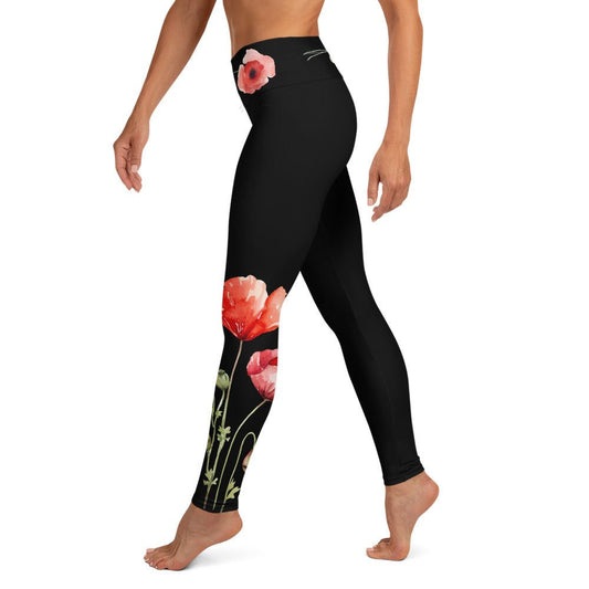 floral yoga leggings with scarlet poppies on midnight base