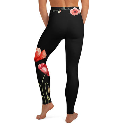 floral yoga leggings with scarlet poppies on midnight base