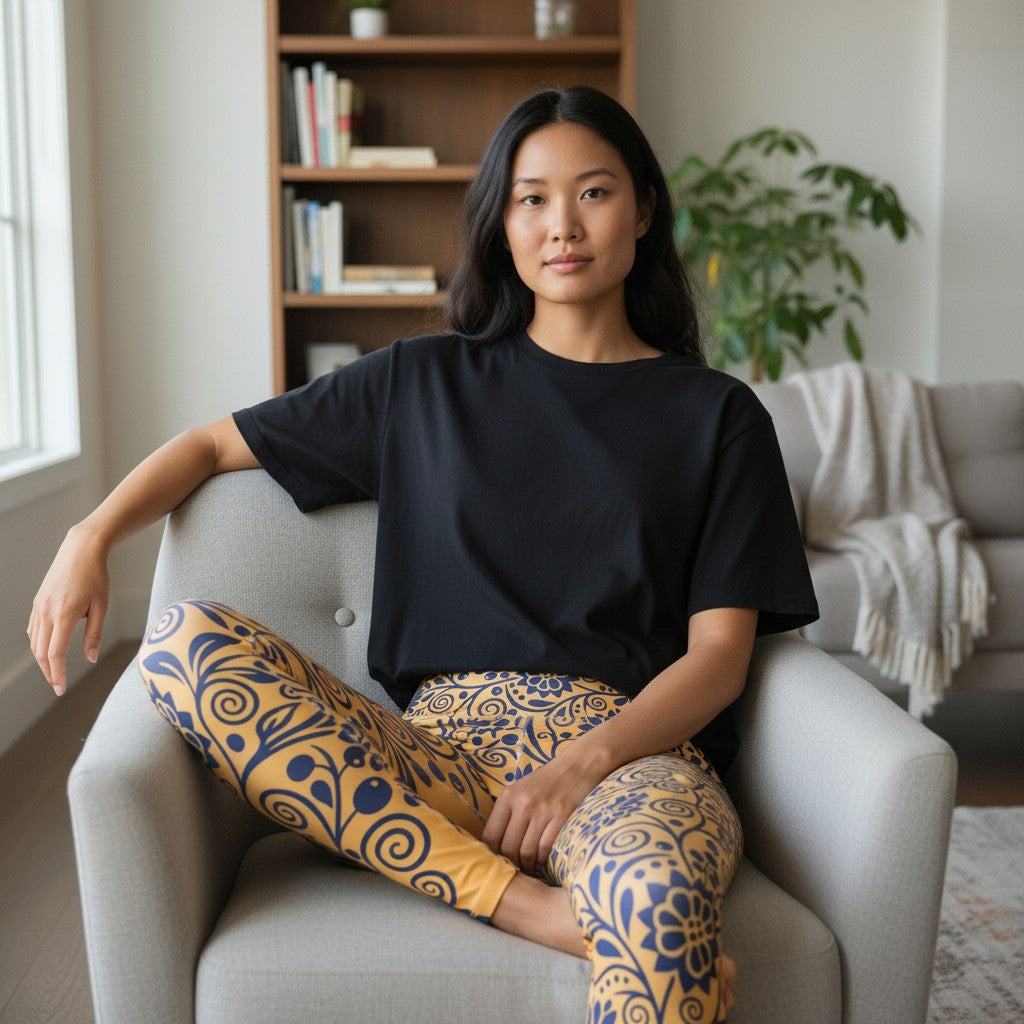 funky printed leggings with cobalt floral pattern and high waist