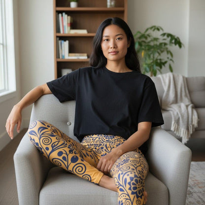 funky printed leggings with cobalt floral pattern and high waist