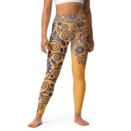 funky printed leggings with cobalt floral design and high waist