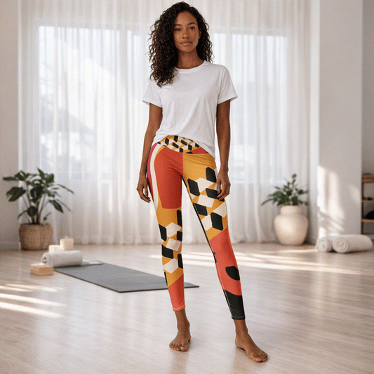 high-waisted vintage leggings with geometric lines in sunset tones