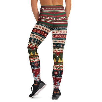 Holiday party leggings with festive tartan and holly pattern