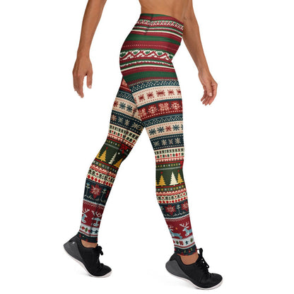 Festive holiday party leggings with holly and tartan patterns