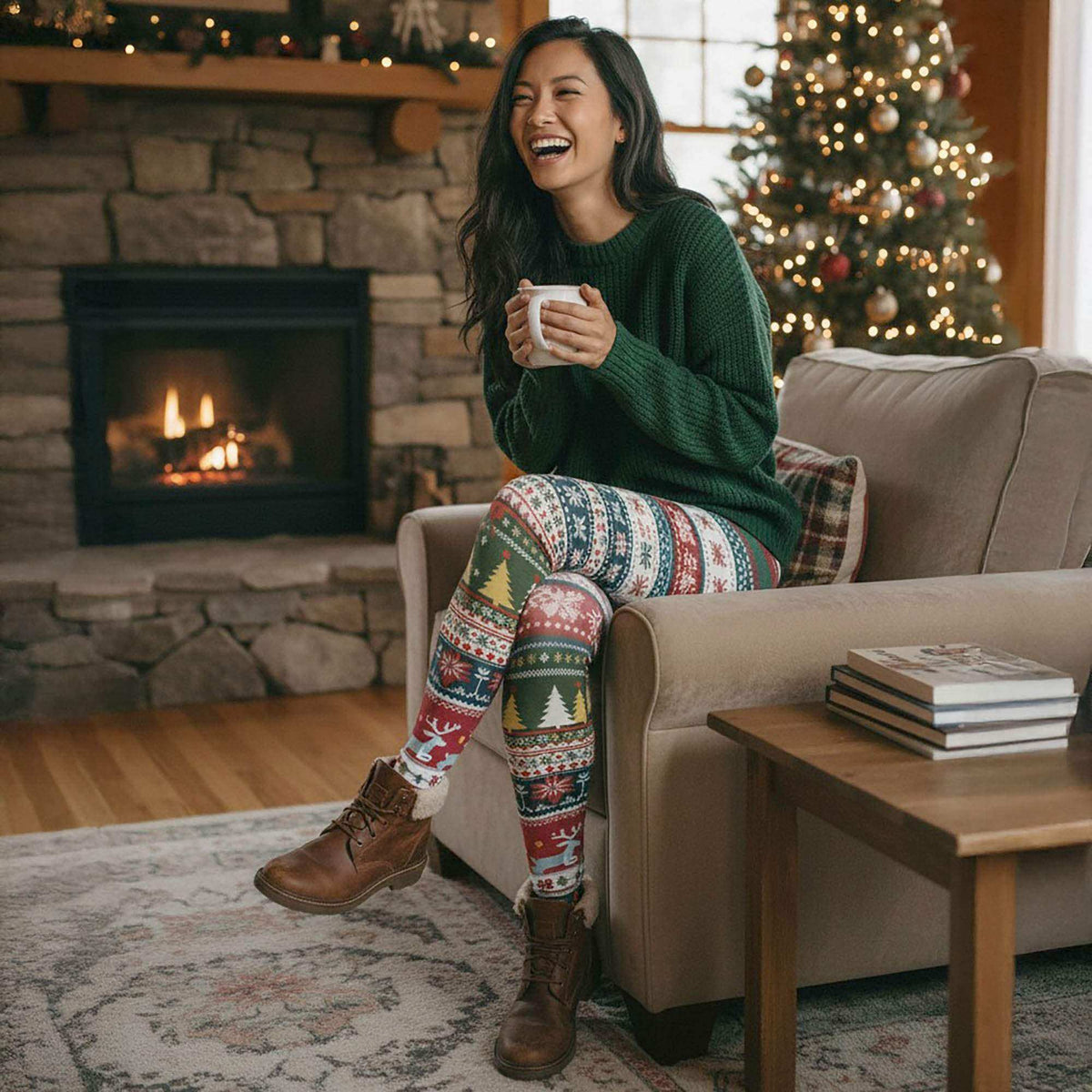 Festive holiday party leggings with tartan and holly patterns