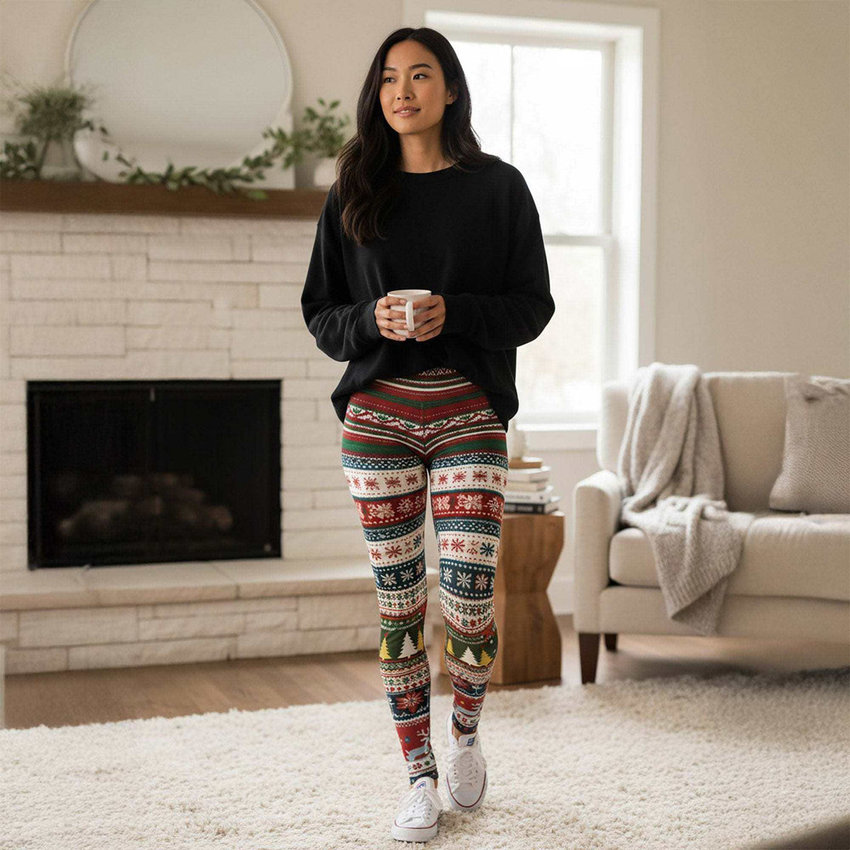 Festive holiday party leggings with tartan and holly pattern