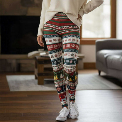Festive holiday party leggings with tartan and holly patterns