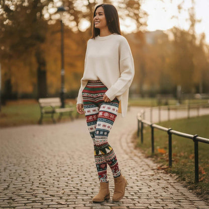 Festive holiday party leggings with tartan patchwork and holly design