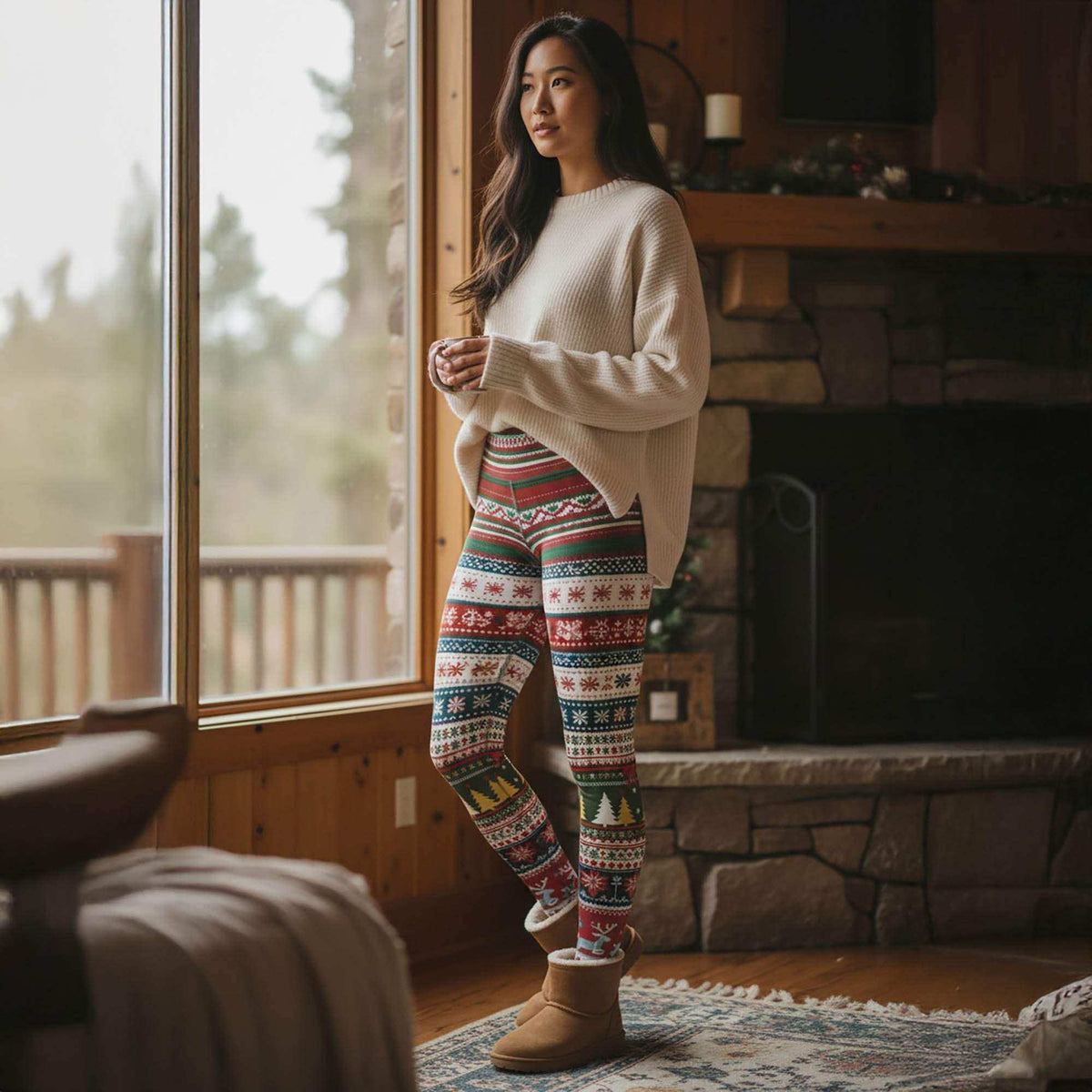 Festive holiday party leggings with tartan and holly patterns