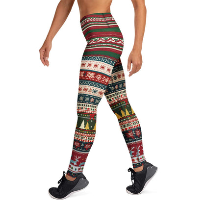 Festive holiday party leggings with tartan pattern and holly design