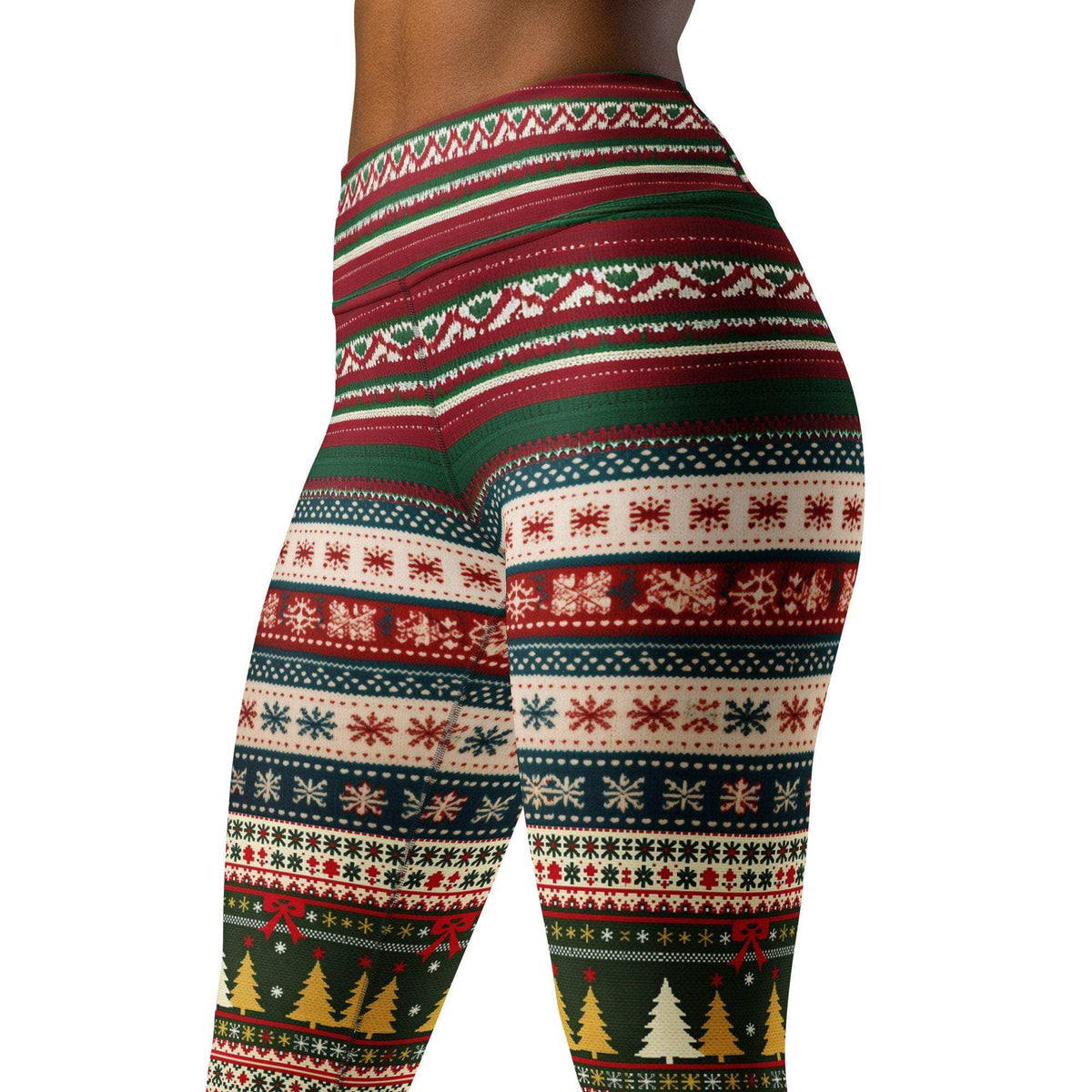 Festive holiday party leggings with tartan and holly patterns