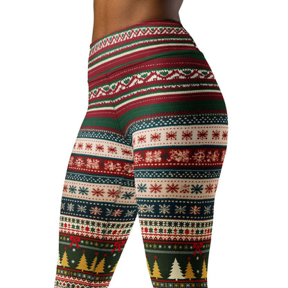 Festive holiday party leggings with tartan and holly patterns