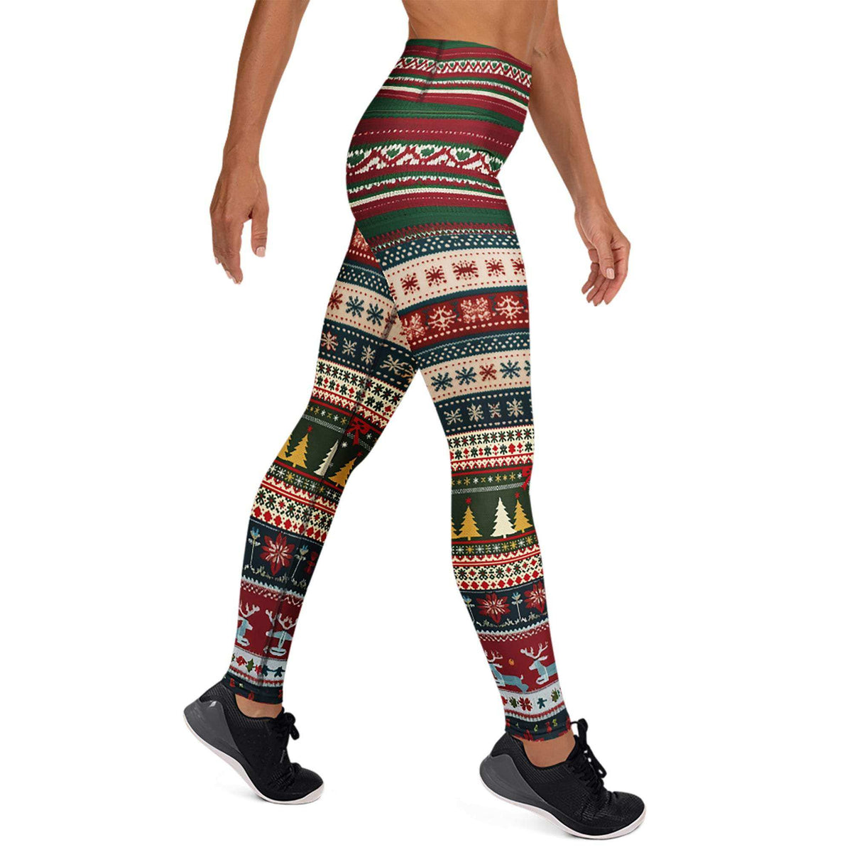 Festive holiday party leggings with tartan and holly patterns