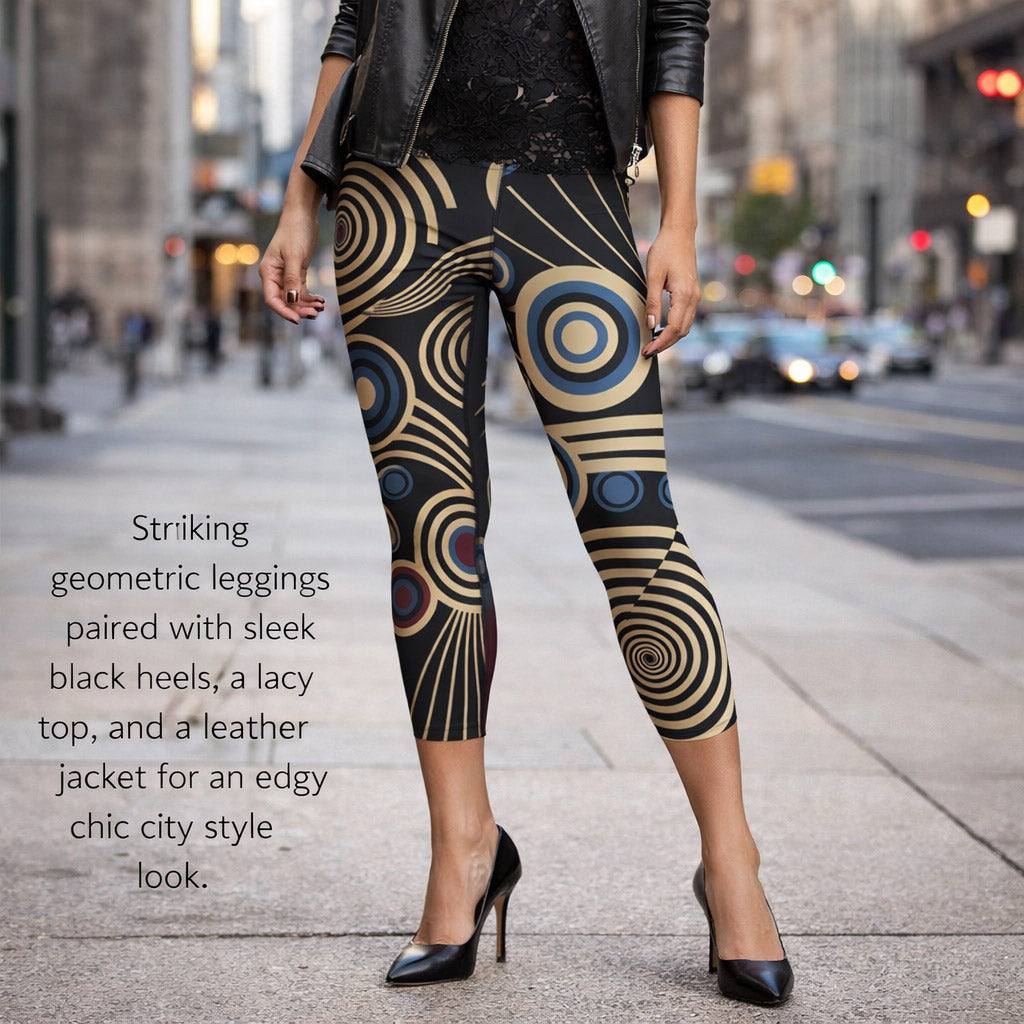 mid century pulse geometric capri leggings on city sidewalk
