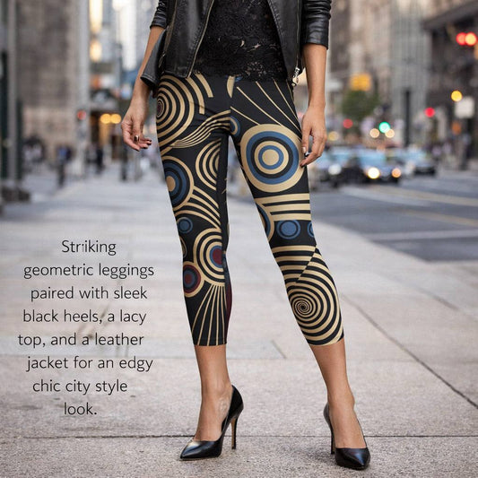 mid century pulse geometric capri leggings on city sidewalk